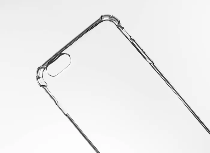 Clear protective phone case on a light background