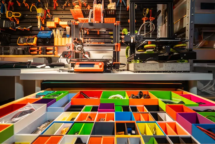 A 3D printer and organized tools in a workshop