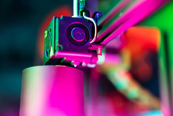 Close view of a 3D printer working under colored light